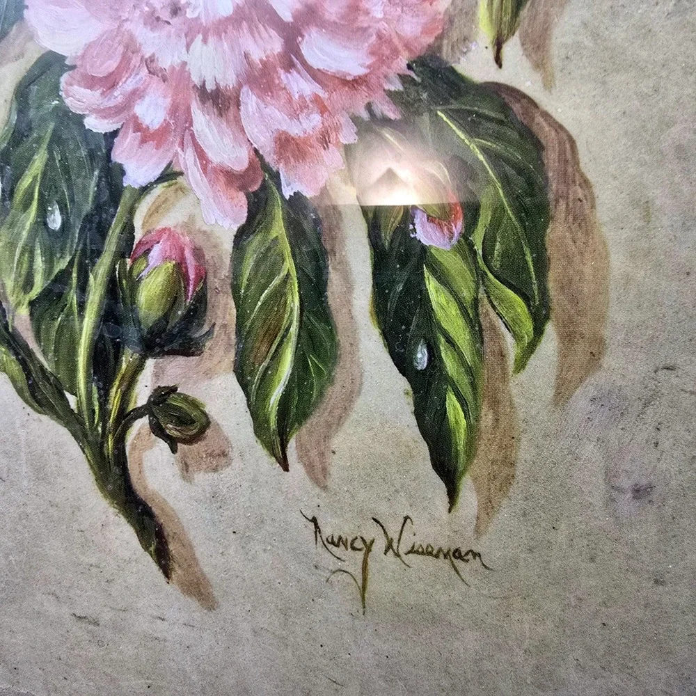 Nancy Wiseman Signed Floral Painting Pair Pink Hibiscus Peony Framed Art Set 2